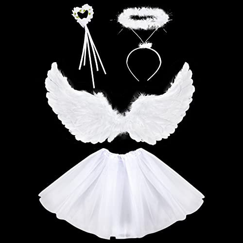 vamei Engelsflügel Weiß 60CM Engel Kostüm Kinder mit Halo Stirnband Zauberstab Engel Flügel Weiße Tutu Rock Kinder für Halloween Karneval Cosplay Party Fasching Kostüme