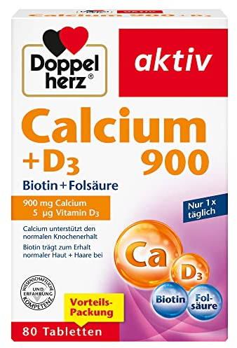 Doppelherz Calcium 900 + D3 + Biotin + Folsäure – Calcium leistet einen Beitrag zum normalen Knochenerhalt und zur normalen Muskelfunktion – 80 Tabletten