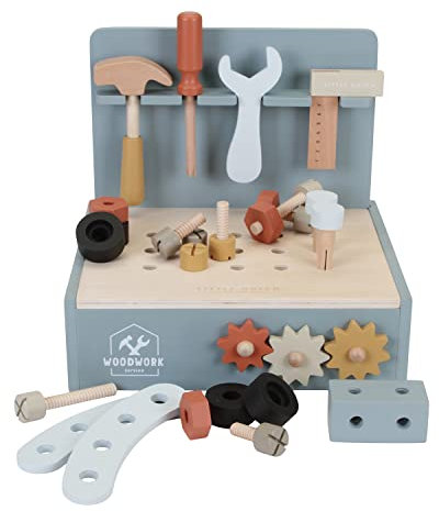 TIAMO Little Dutch 7069 FSC Holz Mini Spielwerkbank mit Werkzeug, Blau, 30x25x23,5 cm