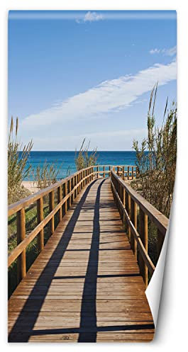 Feeby Türtapete Fototapete Meer Fußgängerbrücke Strand 100x210 cm Türposter Türpanel Vlies Tapete Wohnzimmer Schlafzimmer Kinderzimmer Büro Schilf Himmel Wasser Beige