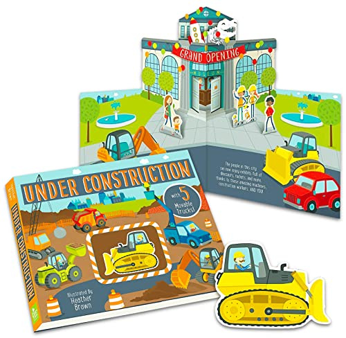 Construction Site Board Book for Toddlers with Movable Trucks - Under Construction Board Book | Board Book Construction Trucks for Kids
