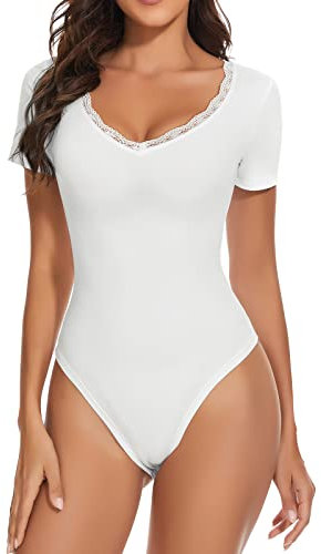 WOWENY T shirt Body Damen Sexy Spitze Elegant Kurzarm Bodysuit Women Tops mit v Ausschnitt Damenbody für damen Tanz-Body Stringbody Trachtenbody Spitzenbody Weiss L
