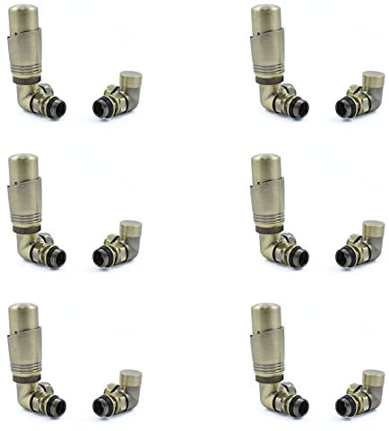 Hot Flow Antique Brass (Pack of 6) Cascade Corner Modern TRV Thermostatic Radiator Valve (Pair) Includes A Corner TRV Body & One Lock Shield. for Quick & Easy Temperature Control.