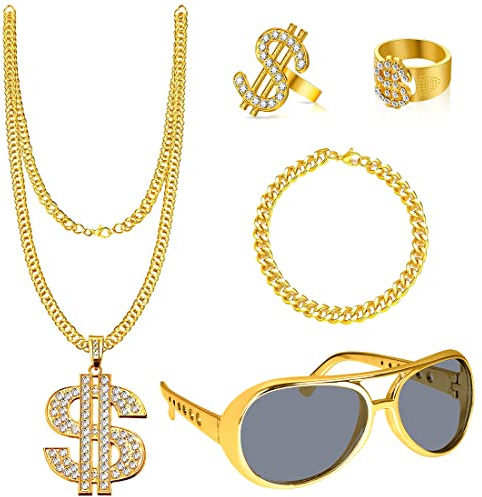 Hip Hop Kostüm Set , 80s/90s Rapper Accessoires mit Goldkette-Rockstar Sonnenbrille-Retro Armband-Dollar Goldring, Zuhälter Zubehör Herren Männer Jungen Cosplay für Halloween Fasching Karneval (5er)