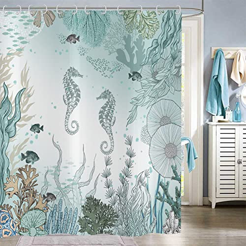 Hnmdmyi Duschvorhang Seepferdchen 180x200, Nautische Küste Tropische Fische Koralle Türkis Ozean Thematisch Unterwasser Meeresleben Badewanne Vorhang Wasserdicht Polyester Stoff Waschbar Badevorhang