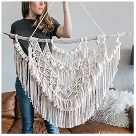 Makramee Wandbehang Kreativer handgewebter Quasten-Wandteppich, natürliche Äste und aus Baumwollfäden gewebte Heimdekorations-Anhänger, 2 Stile (Size : 85x70cm/33.5x27.6in)