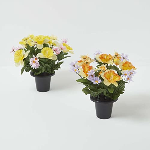 Homescapes 2er-Set Künstliche Grab-Blumen wetterfest mit Blumenhalter, Arrangements aus Narzissen und Margeriten in Gelb-Rosa & Orange-Violett