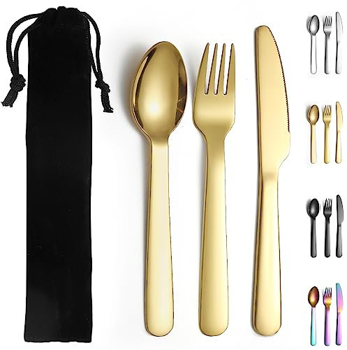 Evanda Set di posate portatili in oro, include cucchiaio da forchetta per coltelli, posate da campeggio placcate in titanio dorato con borsa, per esterni, picnic, campeggio, viaggi