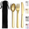 Evanda Set di posate portatili in oro, include cucchiaio da forchetta per coltelli, posate da campeggio placcate in titanio dorato con borsa, per esterni, picnic, campeggio, viaggi