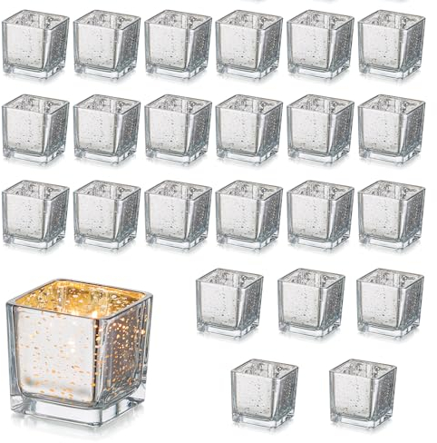 Hewory Teelichthalter Glas Silber Votivkerzenhalter, 24er Set Gefleckt Teelichtgläser Windlicht, Kerzenhalter Silber Kerzengläser für Hochzeitsdeko Tisch Tischdeko Geburtstag Party Weihnachten Deko