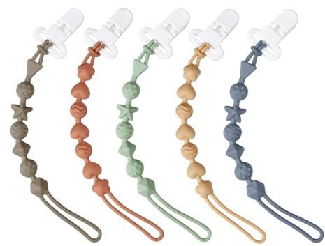 PandaEar 5 Pack Silicone Pacifier Clips, One Piece Design Pacifier Holder for Baby Boys & Girls, Teething Toys Teethers