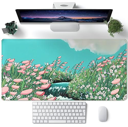 Cute Anime Floral Desk Mat - Sage Green Large Mouse Pad XL Gaming Mousepad Kawaii Desk Keyboard Pad Laptop Computer Mouse Mat - 31.5''X 15.7''