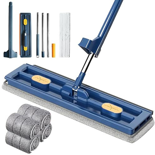 Grande Serpillière Plate, Darryy Kit Balai Serpillère, Grand Balai Plat Nouveau Style, avec 4 Tampons de Nettoyage en Microfibre, Mop Humide et Sec avec Rotation à 360 Degrés