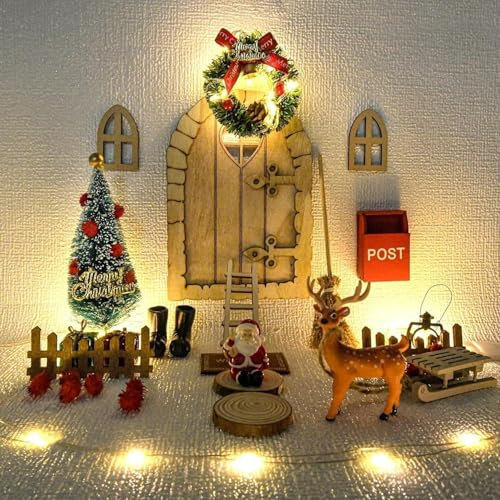 Funmo Miniatur Wichtel Tür Weihnachten,Wichteltür Zubehör Weihnachten Set 23Pcs,Weihnachtswichtel Tür Komplettset Licht,Weihnachtsdeko Elfentür