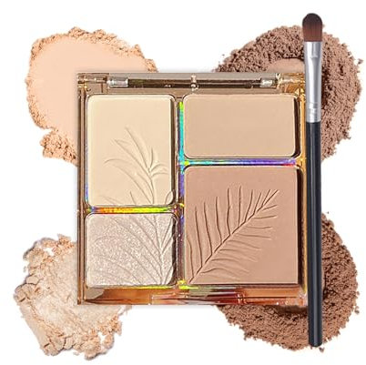 Highlighter Makeup Contour Palette, 4 in 1 Contour Palette 4 Farben Highlighter Powder & Contour Bronzer Puder, Pigmentiert Lang Anhaltendes Natürliches Matt&Schimmer Finish, Gesicht Make-up für