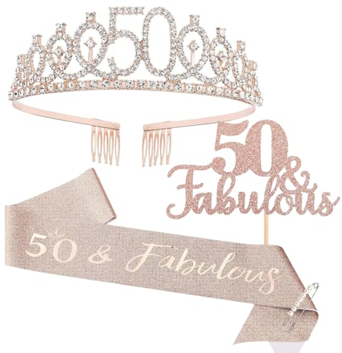 Schärpe und Tiara zum 50. Geburtstag für Frauen, Roségold Geburtstagsschärpe Krone 50 & Fabulous Schärpe und Tiara für Frauen, Geschenke zum 50. Geburtstag für 50. Geburtstagsparty
