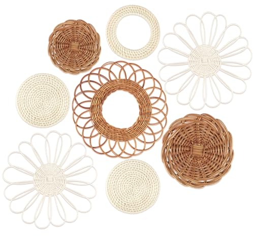 YiYa Set of 8 Boho Wall Decor Wall Hanging Rattan Decor Round Hand Woven Rattan Wall Art Boho Wall Baskets for Living Rooms Farmhouse Living Rooms Nursery