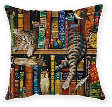 NYGGTYK 1 Stück Quadratischer Katzenkissenbezug, 45 cm, Buchthema-Kissenbezug, Leinenkissenbezug - Geschenk Für Katzenliebhaber