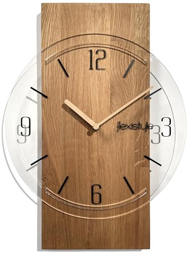FLEXISTYLE Wanduhr groß Geometrisch 40cm ohne tickgeräusche Holz holzoptik Wohnzimmer jugendzimmer (Eiche/Transparent)