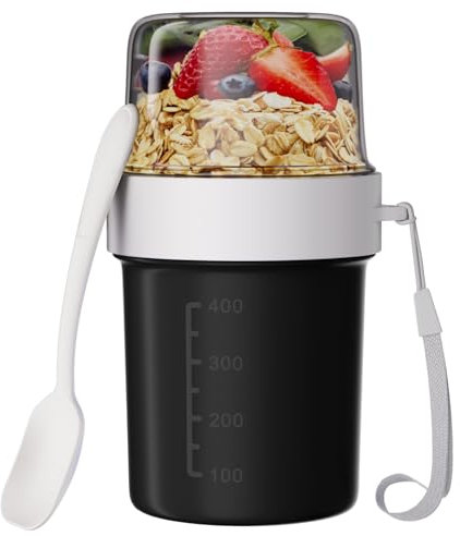 Wwtop Lunch Pot Ellipse avec une Cuillère, Boîte à Repas Gobelet à Muesli, Tasse de Céréales, Coupe du Yaourt, Tasse à Emporter Convient au Congélateur, au Micro-ondes, 560ml+310ml, Noir