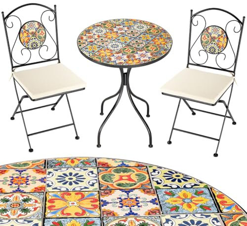 BAKAJI Set de table 60 x 70 cm + 2 chaises pliantes avec décoration mosaïque, table basse résistante peu encombrante pour ameublement extérieur, jardin, terrasse, structure en métal noir
