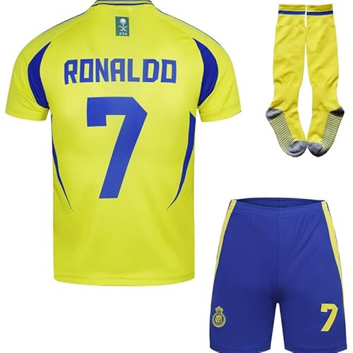metekoc NASSR Riyadh Al 2024/2025 Heim #7 Football Fußball Kinder Trikot Shorts Socken Geschenk Set Jugendgrößen (Gelb/Blau,30)
