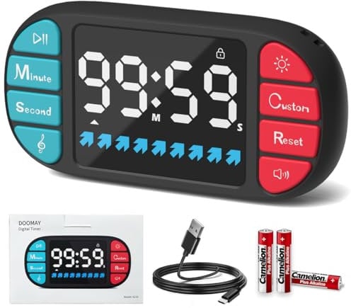DOOMAY Temporizador visual digital de cocina: pantalla LED grande de 3.6 pulgadas, magnética, 3 brillo, 4 alarmas, 4 volúmenes, función de memoria, cuenta regresiva para cocinar, aula, gimnasio