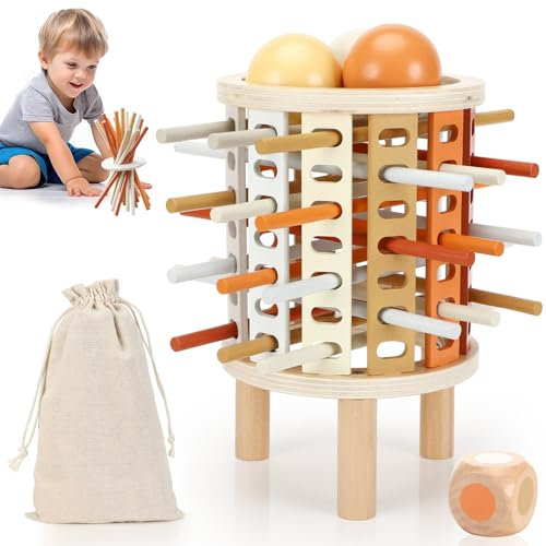 Jeux Montessori 3 4 5 6 Ans, Jeux Montessori Jeu de Société en Bois pour Garçons Filles, Motricité Fine Jeu de Tour en Bois avec Bâtonnets et Dés Jouets Éducatifs Famille Jeux Voyage Cadeau
