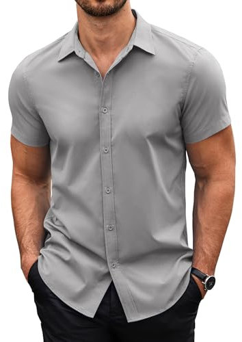 COOFANDY Mens Shirts Short Sleeved Shirts Dress Shirts Casual Shirts Formal Shirts Non Iron Shirts Summer Shirts Regular Fit Work Shirts Grey L