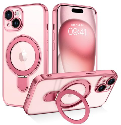 BENTOBEN Magnetic Case for iPhone 15 [Compatible with Magsafe], Adjustable Ring Stand Full Camera Lens Protector Clear Anti-yellow Military Drop Protection Shockproof Case for iPhone 15, Rose Gold