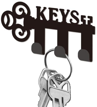 DELORIGIN Keys Word Metal Wall Key Holder with 3 Hooks Entryway Decor Rack | Black Iron Wall Mounted Hook, Hanging Organizer Rack for Keys, Bags, Clothes, Perfect for Hallway, Kitchen And Front Door