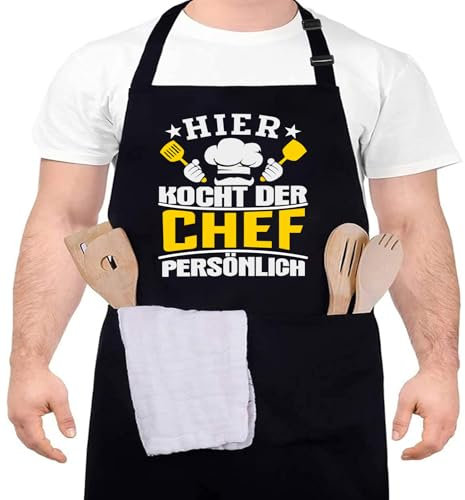 Grillschürze für Männer Kochschürze Herren Schürze lustig, Grill schürze für Männer küchenschürze Herren personalisiert Grill Schürze mit 2 Taschen Grill Schürze (HIER KOCHT DER CHEF PERSÖNLICH)