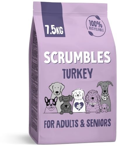 Scrumbles • Dry Dog Food • Hypoallergenic • All Lifestages • Turkey 50% • 7.5kg Bag • Natural Complete Adult Recipe • Gut Friendly Prebiotics & Probiotics • Gluten Free • Chicken Free