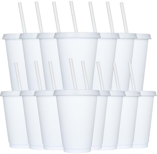 Yisituo 480ml Reusable Plastic Cups, 15 Pack of Kids Tumbler with Lid and Straw, for Cold Drinks, Iced Coffee, Travel and Smoothies (15, White)