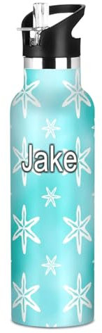 Bottiglia d'acqua con nome personalizzato personalizzato per bambini con cannuccia a tenuta stagna bottiglia d'acqua isolata per bambini 590 ml, senza BPA, acquerello bianco stella marina azzurro