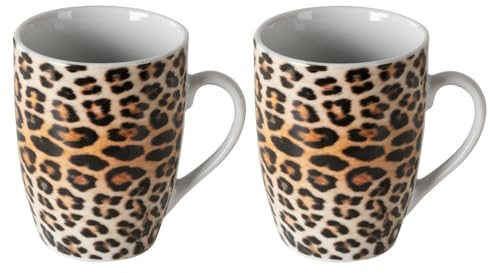 Home4You Kaffeetassen 2er Set - Braun - Schwarz - Porzellan - Leopardenmuster