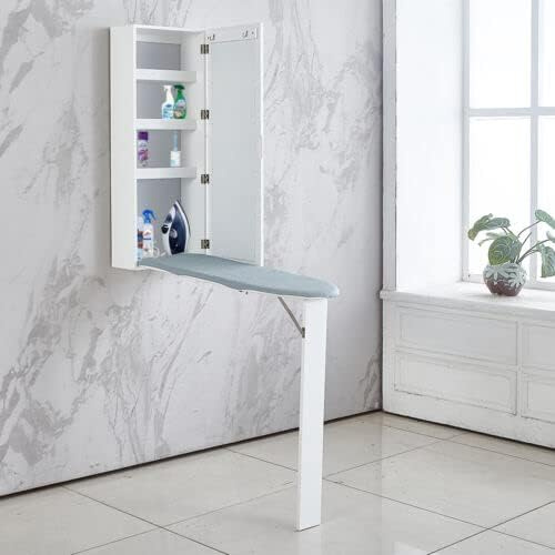 Wall Mounted Ironing Board Cabinet, Fold Out Design with Shelves and Hooks, Smart Hideaway Solution for Home and Apartment