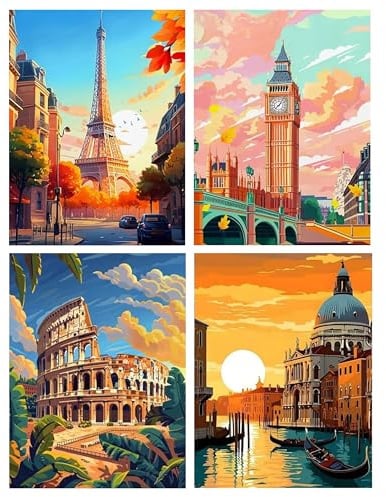 Hongyrjy 4 Pack Paint by Numbers for Adults-Painting by Numbers for Adults,Famous Landmarks Canvas Paint by Numbers,Perfect for Gifts and Home Wall Decor 12x16in