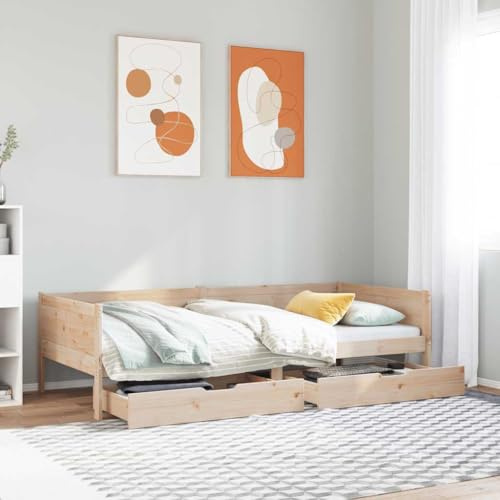 HaoChrymec Tagesbett mit Schubladen aus Massivholz Kiefer, Ausziehbar als Sofa und Bett, Mit Stauraum, schlafsofa, einzelbett, Für Gästezimmer, Naturholz, 80x200 cm