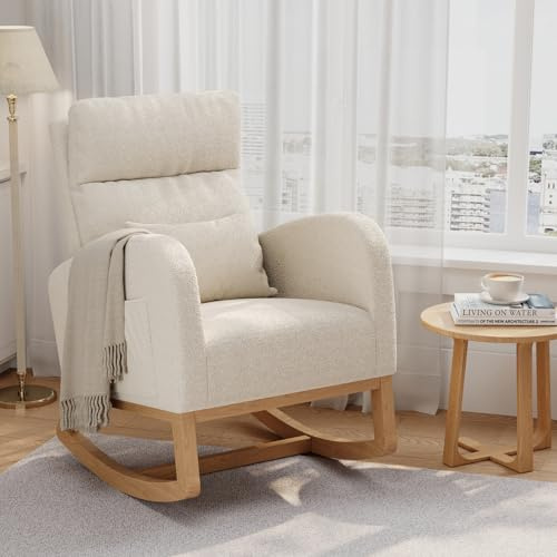 GarveeHome Rocking Chair, Modern Nursery Glider Chair with Side Pockets and Pillow, Rocker Chair for Living Room Bedroom Nursing Room, White