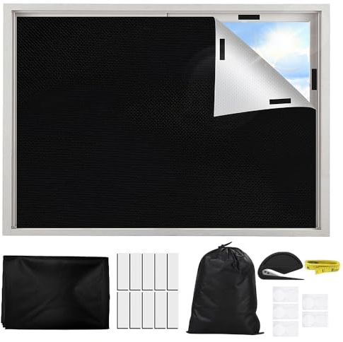 Fenster Verdunkelung, 200 x 146 cm Verdunklungsrollo ohne Bohren, Lichtblockierende Verdunklungsfolie, Tragbare Reise Verdunkelungsrollo Mit Klettverschluss und Maßband für Dachfenster