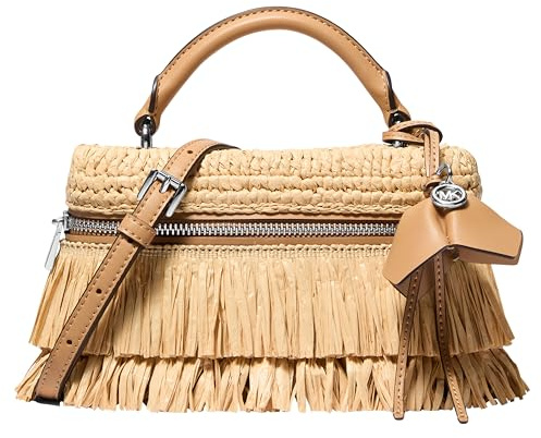 Michael Kors Jana Damen Umhängetasche extra klein mit Tragegriff oben silber gehäkelt Stroh, Erdnüsse, M