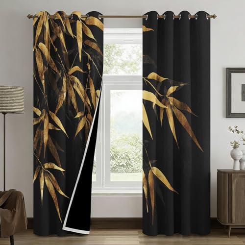 Generisch Schwarz Gold Bambusblätter Vorhänge Wohnzimmer - Blickdichte Vorhang Pflanzen Orientalische Bambus Verdunklungsvorhänge, Thermo Schlafzimmer Gardinen mit Ösen 2er Set H 175 x B 140 cm Q-D26