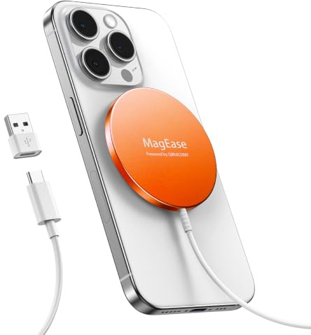 Magnetic Wireless Charger, Mag Safe Charger 15W Fast Charging for iPhone 17/16/15/14/13/12 Series and AirPods 4/3/2, Wireless Charging Pad with USB A&C Dual Ports, (Orange, No Adapter)