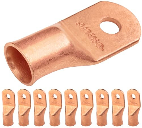 SELTERM 4/0 AWG (95 mm²) - 5/16 (M8) ⌀ Hole UL Heavy Duty Wire Lugs, Battery Cable Ends, Bare Copper Eyelets, Tubular Ring Terminal Connectors [B91] - 10 Pack