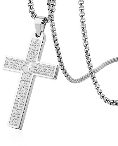 HZMAN Stainless Steel Cross Necklace for Men Women Inspiring Lord's Prayer Cross Pendant Jewelry Gift (Silver)