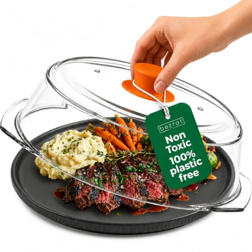 Bezrat Microwave Tall Glass Plate Cover For Food | Splatter Guard Lid with Easy Grip Silicone Handle Knob & Steam Vents | 100% Food Grade | BPA Free and Dishwasher Safe | Plates and Bowls 10 x 3 Inch