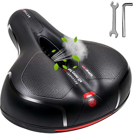 Fahrradsattel, Bequem Weich Memory Foam Ergonomisch Stoßdämpfend Atmungsaktiv Fahrrad Sattel, 25×21cm Indoor/Outdoor City Fahrradsitz mit Rotem Warnstreifen für Damen Herren Kinder