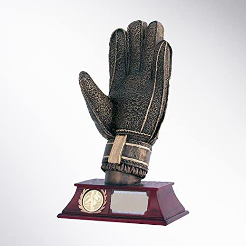Henecka ⚽️ Fußball-Pokal, Resin-Figur Torwart-Handschuh Trophäe, Bronze, altgold & Sockel DKL.-rot, mit Wunschgravur & individuellem Sportemblem