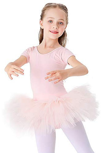 Kinder Ballettkleidung Tütü Ballettkleid Mädchen Baumwolle Balletttrikot Kurzarm Ballettanzug Tanzbody mit Rock Rosa 110